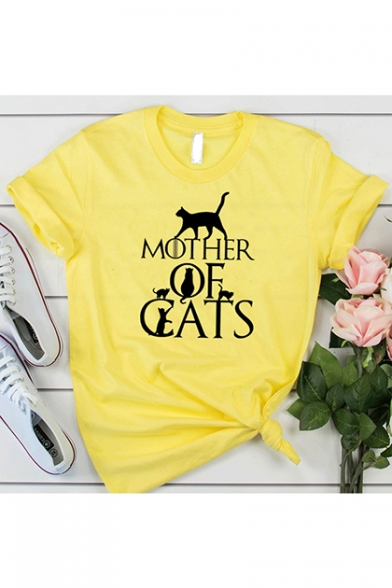 Popular Letter Mother Of Cats Printed Basic Round Neck Short Sleeve Graphic Tee