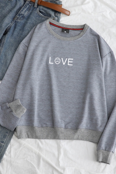 Simple LOVE Letter Print Long Sleeve Round Neck Pullover Sweatshirt