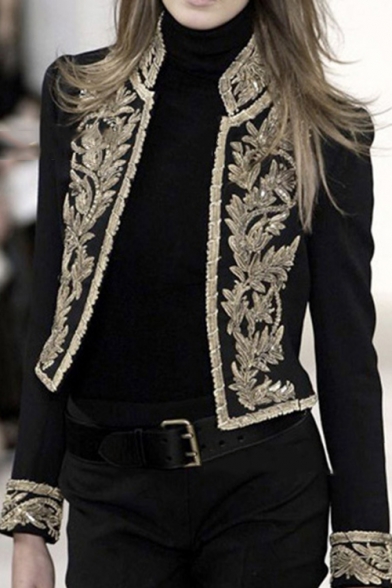 Womens Stand Collar Vintage Floral Black Short Blazer