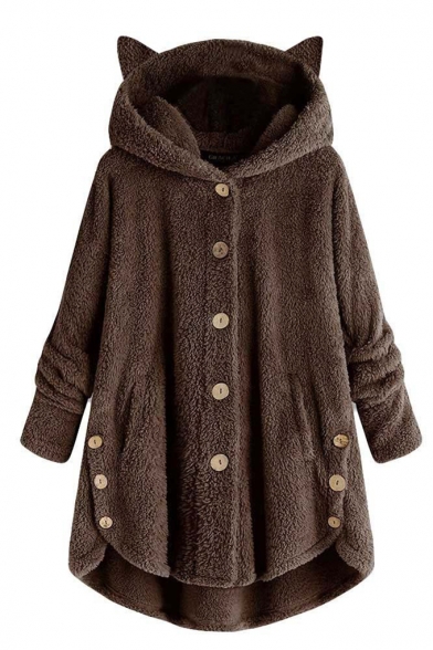 Forthery-Women Sherpa Fleece Cat Ears Jacket Hoodies Button Faux Fuzzy Long Sleeve Fluffy Fleece Sweatshirt Coat