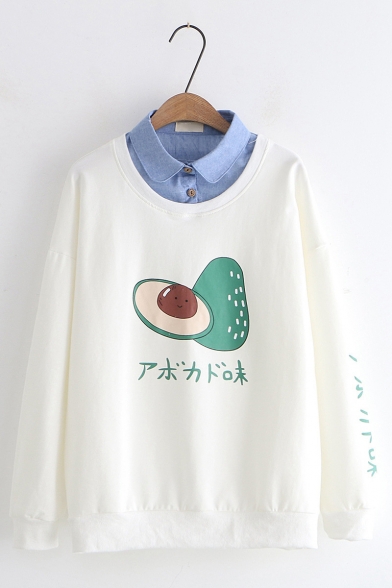 Avocado Letter Printed Lapel Collar Patched Long Sleeve Two Pieces Fitted Sweatshirt