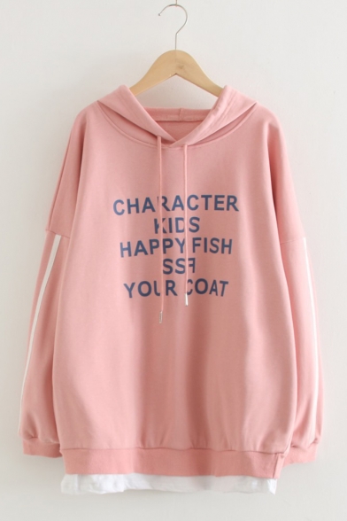 CHARACTER KIDS HAPPY FISH Letter Print Fake Two-Piece Long Sleeve Casual Relaxed Hoodie