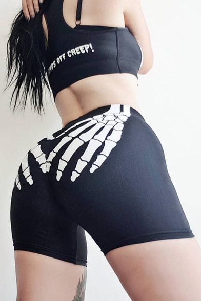 Cool Black Hand Bone Letter Printed Scoop Neck Sleeveless Tank Tee With Elastic Waist Shorts Fitted Sport Co-ords