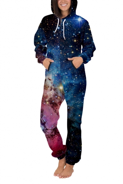 Fancy 3D Universe Starry Galaxy Printed Long Sleeve Zipper Front Sport Loose Jumpsuits