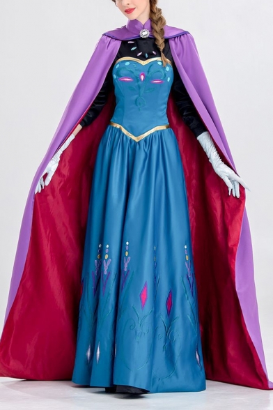 Fancy Blue Princess Anna Comic Cosplay Costume Maxi Swing Cape Dress Gown Dress