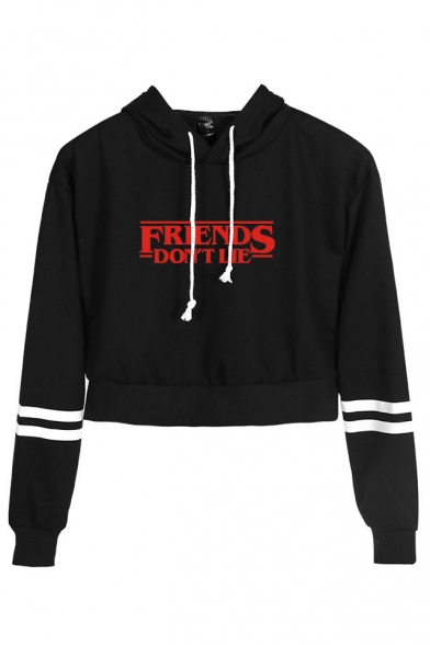 

Fashion Stranger Things Friends Don't Lie Stripe Long Sleeve Crop Hoodie, LC559002, Black;dark navy;pink;white;yellow