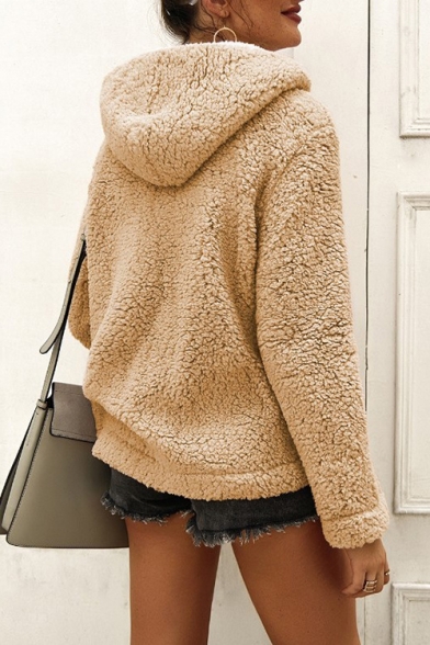 Hot Fashion Half-Zip Front Color Block Long Sleeve Fluffy Hoodie