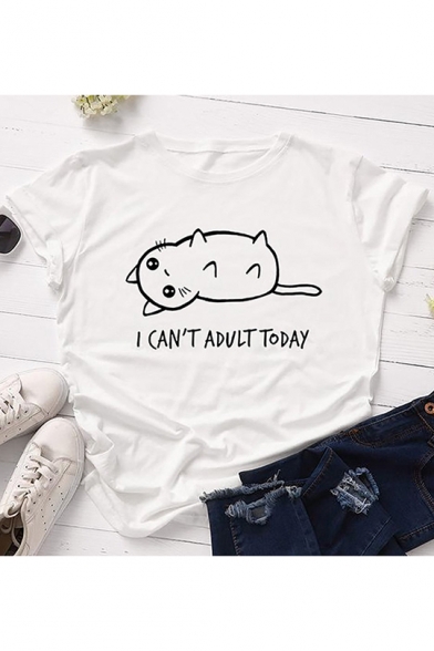 I Can't Adult Today Letter Funny Cats Print Round Neck Short Sleeve T Shirt