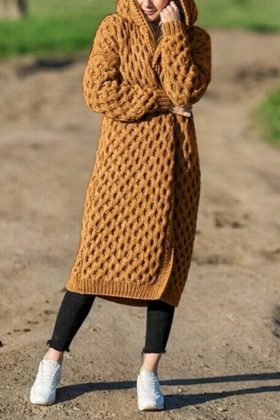 New Arrival Long Sleeve Hooded Open Front Knitted Maxi Cardigan
