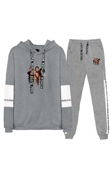 Popular Figure Printed Colorblock Long Sleeve Hoodie with Joggers Pants Two-Piece Set