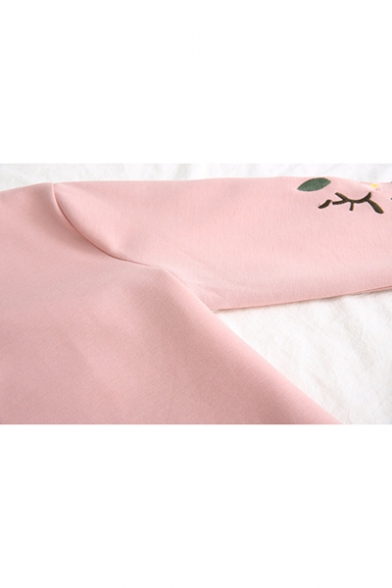 Simple Flower Embroidered Round Neck Long Sleeves Loose Pullover Sweatshirt
