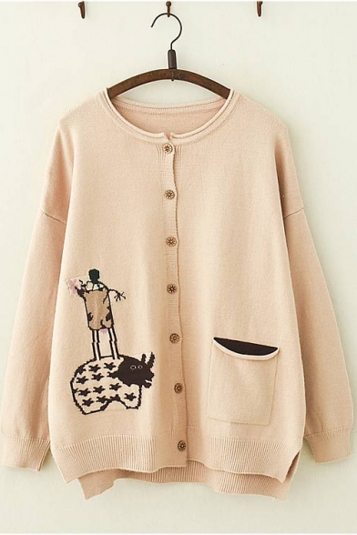 Stylish Long Sleeve Round Neck Single Breasted Double Pocket Cattle Printed Split Side Knitted Cardigan