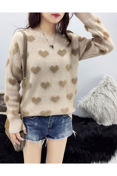Trendy Casual Heart Print Patterns Round Neck Drop Sleeve Shaggy Sweater for Women