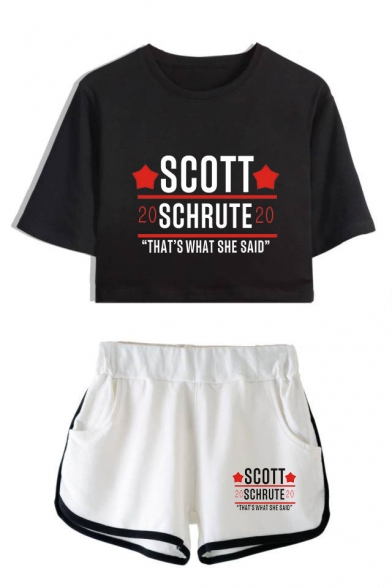 Trendy Heart Letter Scott Schrute Print Short Sleeve Crop Tee with Dolphin Shorts Two-Piece Set