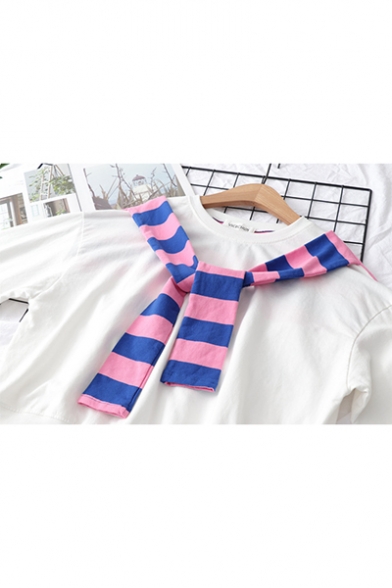 Two Pieces Round Neck Striped Printed Tie Front Hood Long Sleeve Casual Hoodie
