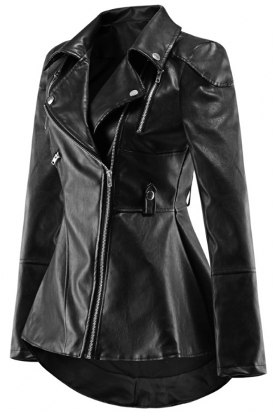 Unique Plain Black Zipper Embellished Notched Lapel Collar Long Sleeve High Low Hem Zip Up PU Biker Jacket