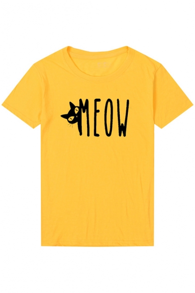 Cartoon Cat MEOW Letter Printed  Round Neck Short Sleeve Casual Loose Tee