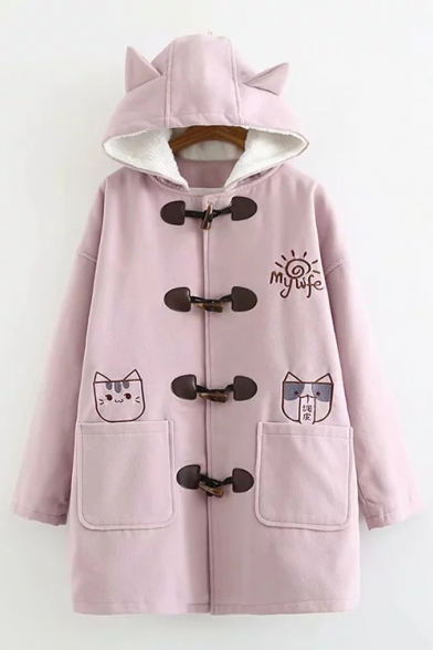 Cute Cartoon Cat And Dog My Life Letter Embroidered Long Sleeve Ear Hooded Duffle Coat