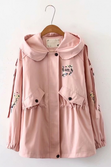 Girls Preppy Style Chic Floral Letter Embroidery Long Sleeve Hooded Zip Up Jacket