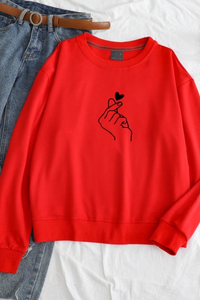 Hot Fashion Finger Heart Pattern Round Neck Long Sleeve Loose Casual Sweatshirt