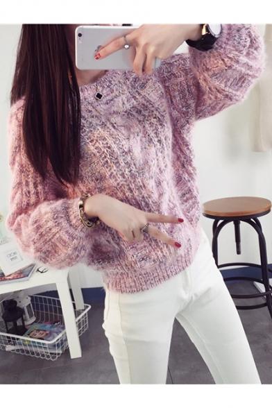 Ladies Plain Cable Knit Round Neck Bloomer Sleeve Boxy Sweater