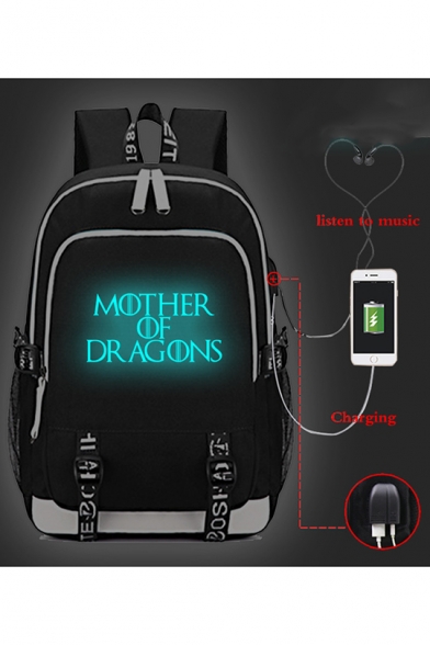 Mother of Dragons Letter Printed Creative USB Charge Laptop Bag School Backpack 30*15*44cm