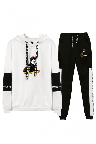 Popular Figure Printed Colorblock Hoodie with Casual Loose Sweatpants Sport Two-Piece Set