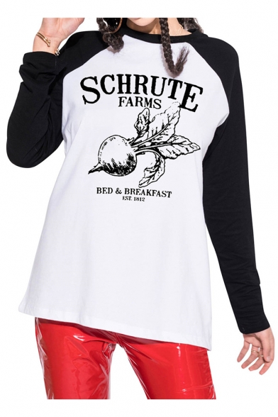 SCHRUTE FARMS Letter Plants Printed Color Block Raglan Long Sleeve Casual Tee