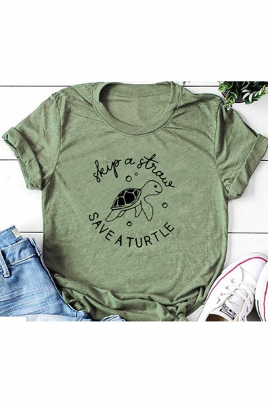 Skip A Straw Save A Turtle Graphic Printed Round Neck Short Sleeve Leisure T-Shirt