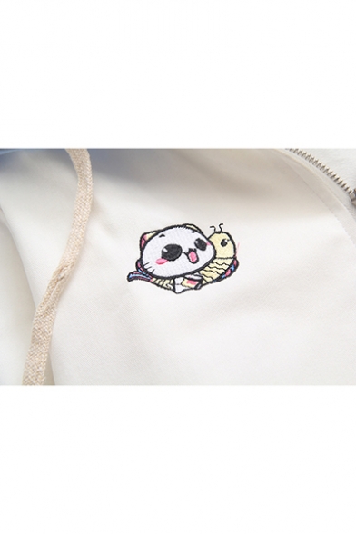 Cute Cat And Fish Embroidered Color Block Zip Up Hooded Jacket