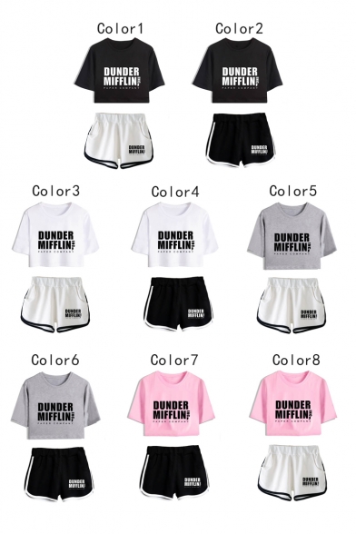 Dunder Mifflin Popular Letter Print Short Sleeve Crop Tee with Dolphin Shorts Two-Piece Co-ords