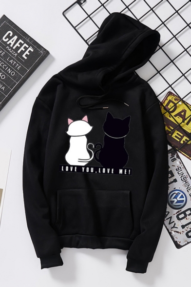 Funny Cartoon Couple Cat Letter LOVE YOU LOVE ME Printed Long Sleeve Unisex Hoodie