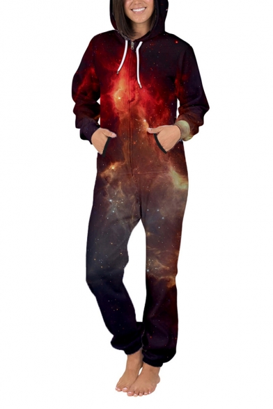 New Fancy 3D Purple Starry Galaxy Printed Long Sleeve Zip Up Unisex Jumpsuits