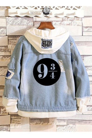 New Trendy Fashion Logo Printed Patched Hooded Buttons Down Ripped Denim Jacket