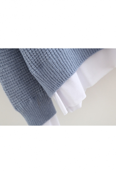 Simple Plain Split-Side Hem Two-Piece Hooded Chunky Knit Sweater