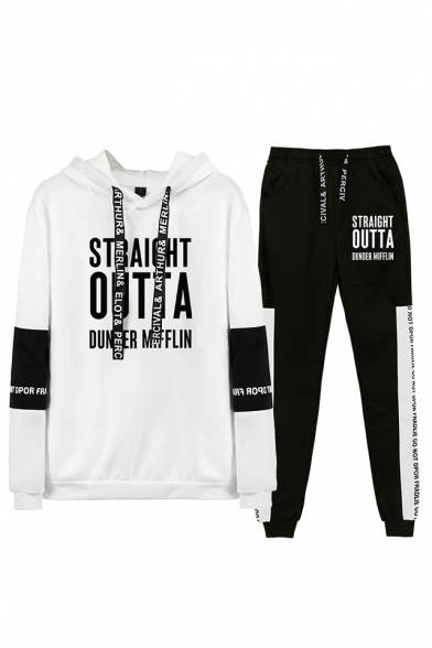 Straight Outta Dunder Mifflin Letter Print Drawstring Hoodie with Joggers Sweatpants Two-Piece Set
