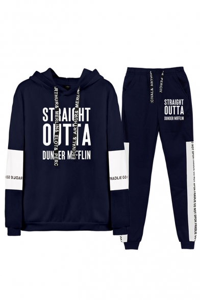 Straight Outta Dunder Mifflin Letter Print Drawstring Hoodie with Joggers Sweatpants Two-Piece Set