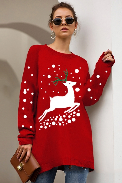 Womens Cute Reindeer Print Christmas Style Round Neck Long Sleeve Knitwear Sweater