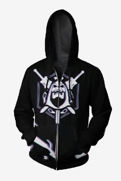 Black Sword Skull Printed Long Sleeve Zip Up Loose Relaxed Hoodie