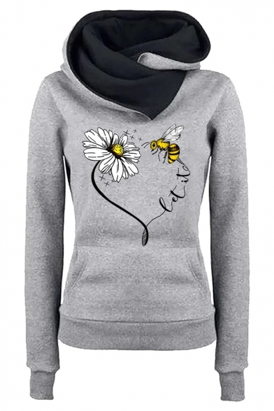 Cute Bee And Flower Printed Long Sleeve Hoodie With Pocket