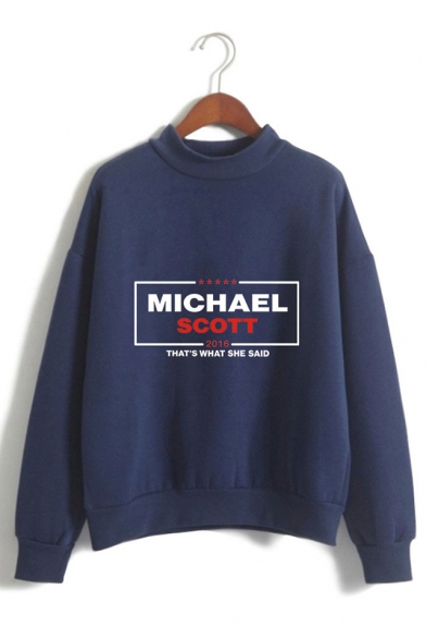 Fashion Letter Michael Scott Printed Mock Neck Long Sleeve Pullover Sweatshirt