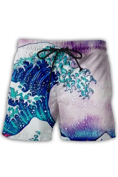 Fashion Ukiyo-e Style 3D Wave Pattern Drawstring Waist Beach Swim Shorts