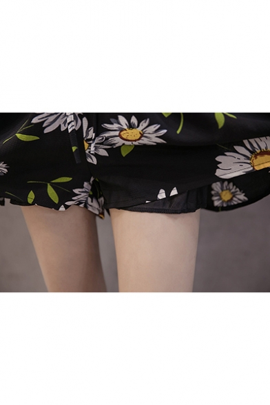 Girls Summer Trendy Floral Printed Black Chiffon Culottes Shorts