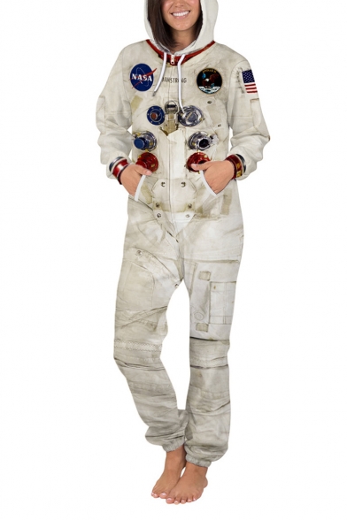 Hot Trendy Astronaut NASA Logo Pattern Unisex Apricot Casual Leisure Jumpsuits