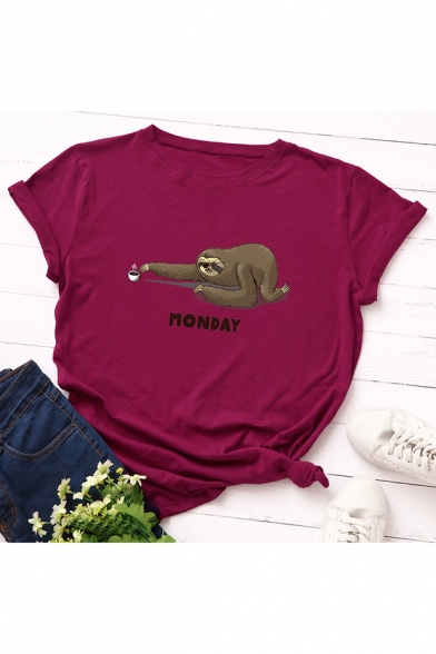 MONDAY Letter Funny Sloth Printed Round Neck Short Sleeve Summer T-Shirt