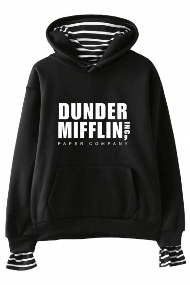 New Fashion Letter Dunder Mifflin Print Striped Fake Two-Piece Hoodie