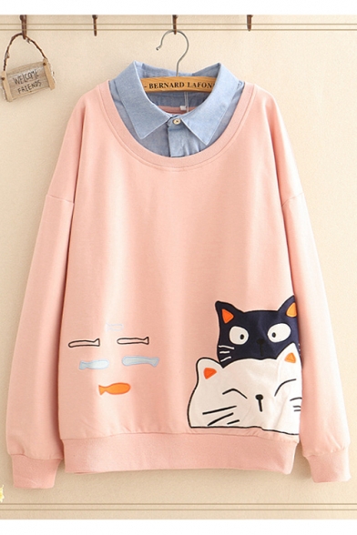 Sweet Girls Cute Cartoon Cat Fish Bone Printed Patched Lapel Collar Pullover Sweatshirt