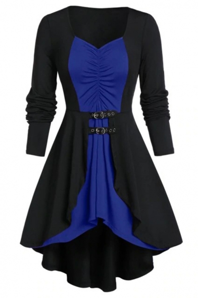 Womens Fashion V-Neck Long Sleeve Color Block Patchwork Buckled Embellished Asymmetrical A-Line Mini Dress