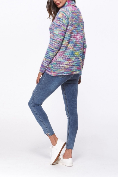 Womens New Arrival Multicolor Knit Print Roll Neck Raglan Sleeve Sweater