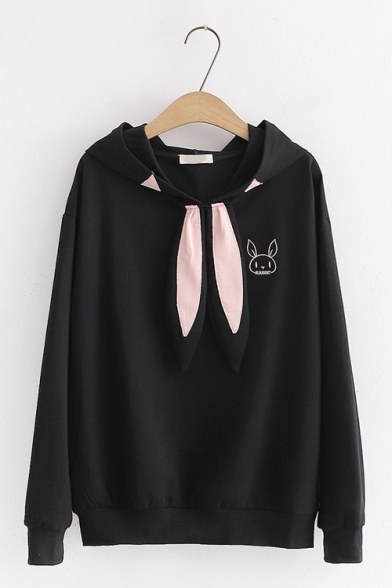 Cute Rabbit Embroidered Long Sleeve Rabbit Ear Embellished Color Block Hoodie